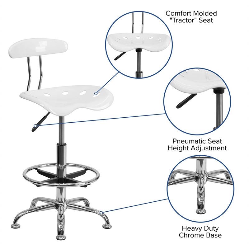 Flash Furniture Vibrant Drafting Chair Seat in White and Chrome