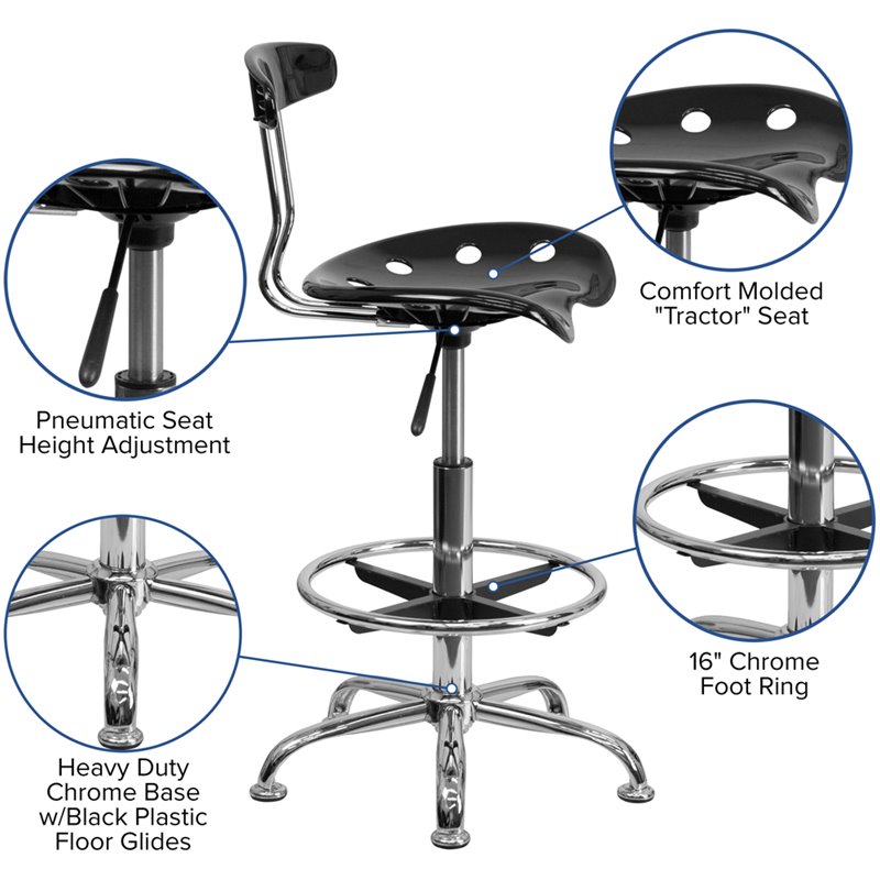 Flash Furniture Vibrant Drafting Chair Seat in Black and Chrome