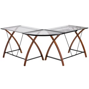 flash furniture contemporary l shaped glass top criss cross frame computer desk in cherry