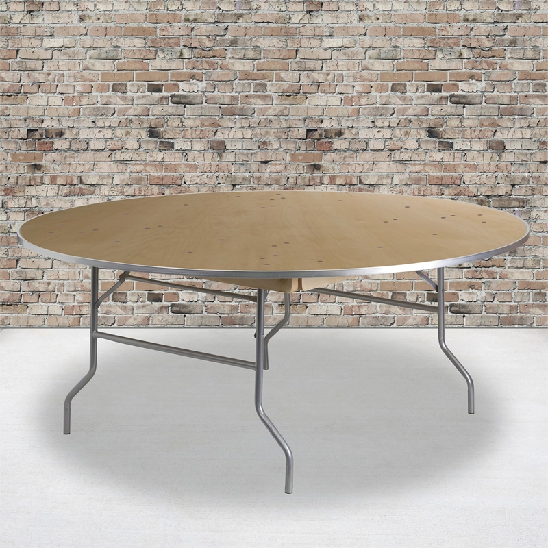 Flash Furniture Round Birchwood Folding Banquet Table in Natural and Silver