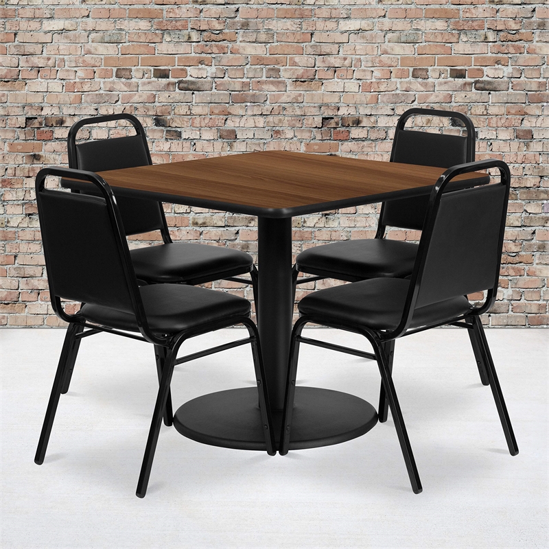Flash Furniture 36Sq Laminate Table Set-Bnqt In Walnut Top Black Vinyl Seat