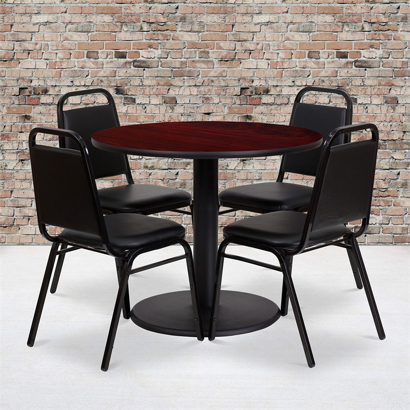 Flash Furniture 36Rd Laminate Table Set-Bnqt In Mahogany Top Black Vinyl Seat