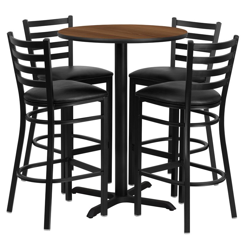 Flash Furniture 30Rd Laminate Bar Table Set In Walnut Top Black Vinyl Seat