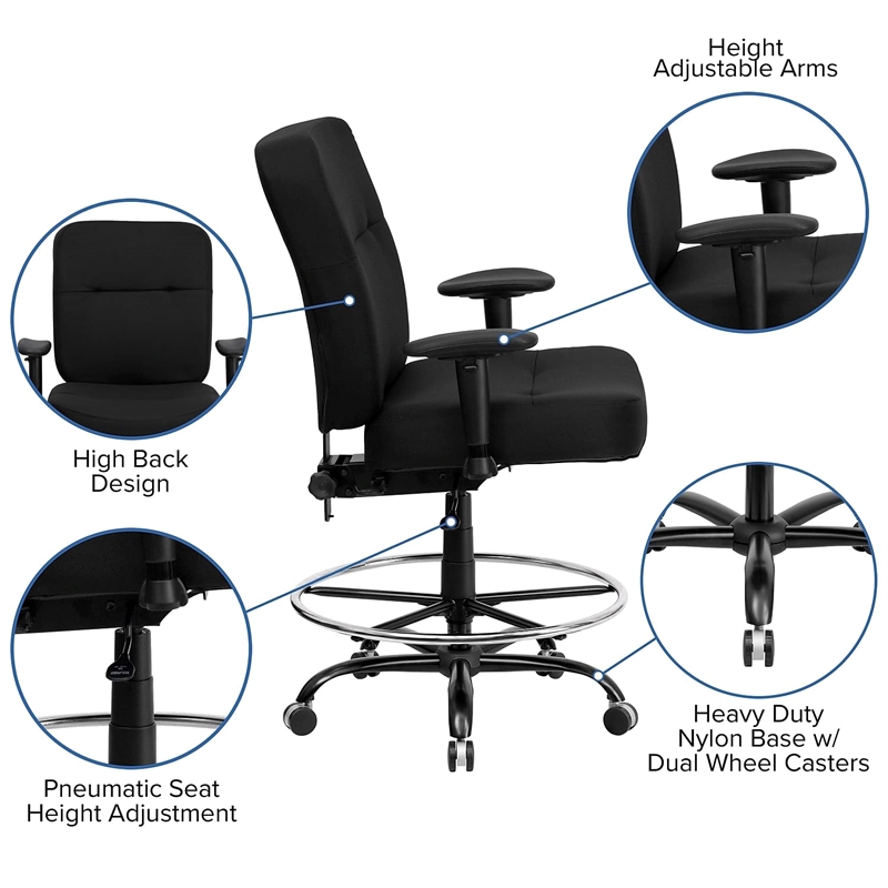 Flash Furniture Hercules Fabric Drafting Chair with Arms in Black