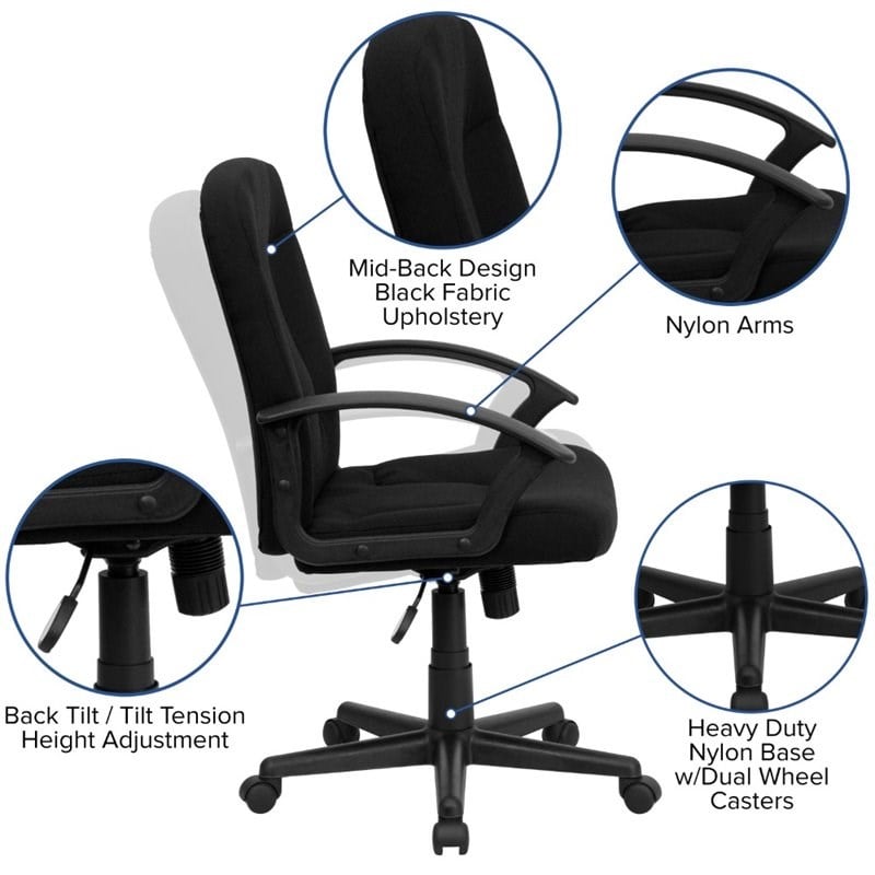 Flash Furniture Mid Back Office Chair with Nylon Arms in Black