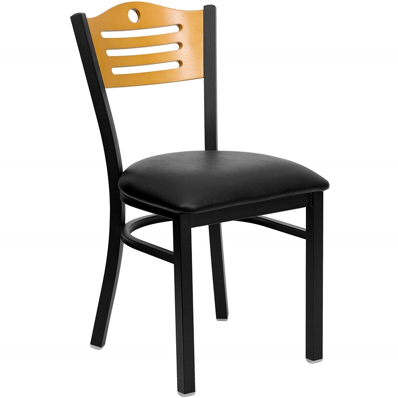 Flash Furniture Hercules Black Slat Back Metal Dining Chair in Natural