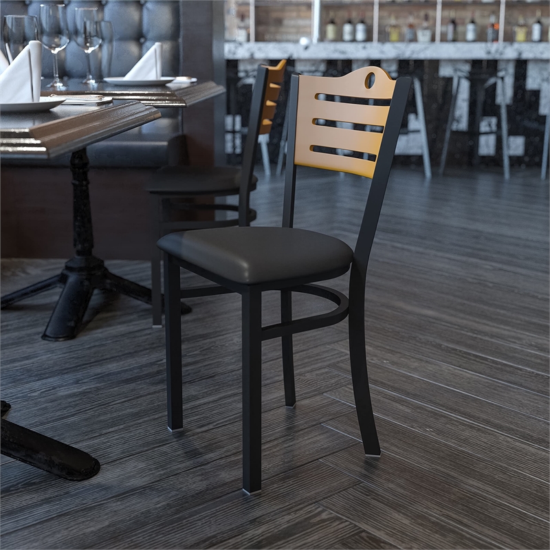 Flash Furniture Hercules Black Slat Back Metal Dining Chair in Natural