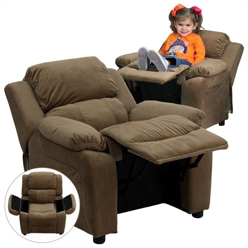 Flash Furniture Storage Arms Microfiber Upholstered Kids Recliner in Brown