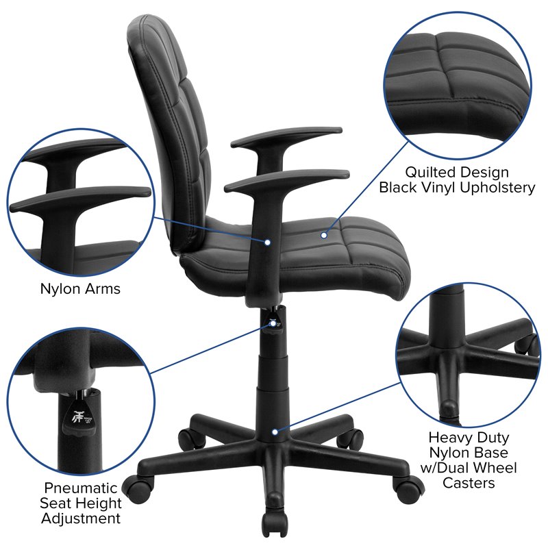 Flash Furniture Mid Back Quilted Office Swivel Chair with Arms in Black