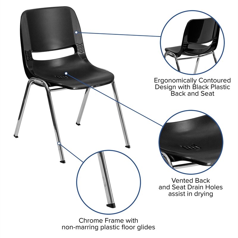 Flash Furniture Hercules Ergonomic Shell Back Stacking Chair in Black and Chrome