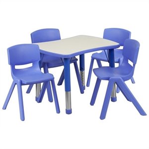 Flash Furniture Curved Rectangular Plastic Activity Table Set with 4 School Stack Chairs in Blue