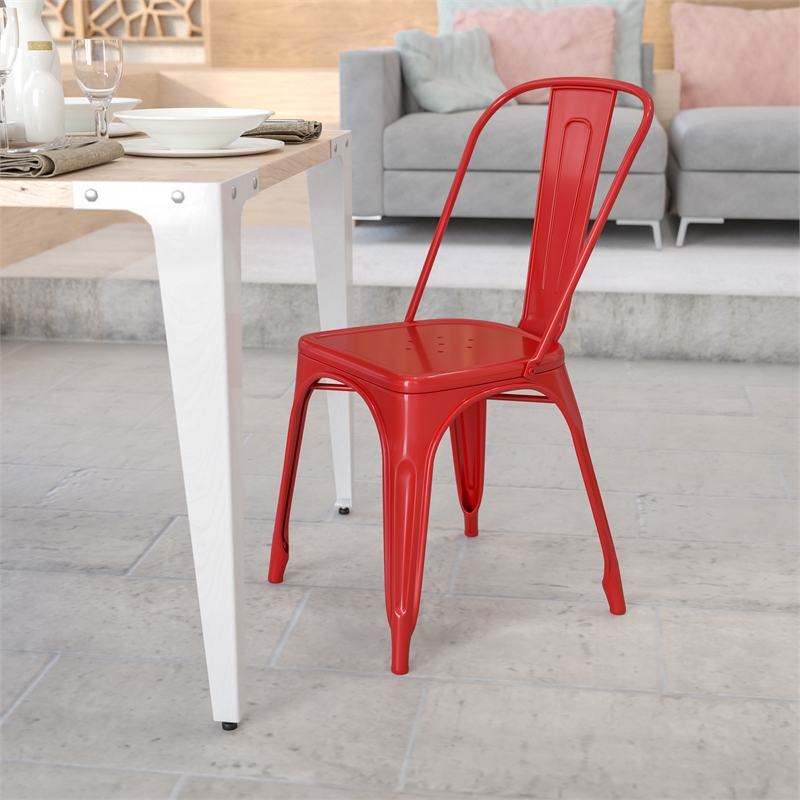Flash Furniture Metal Stackable Dining Side Chair in Red
