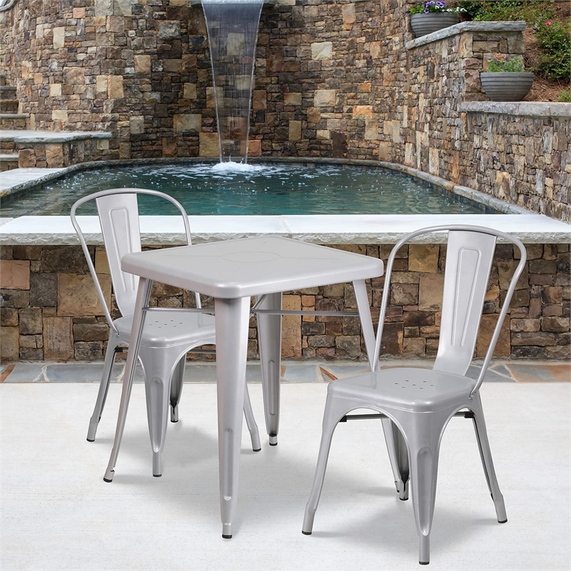 Flash Furniture 3 Piece Square Metal Bistro Dining Set in Silver