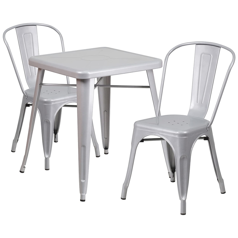 Flash Furniture 3 Piece Square Metal Bistro Dining Set in Silver