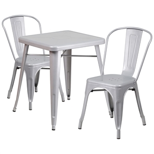 Flash Furniture 3 Piece Square Metal Bistro Dining Set in Silver