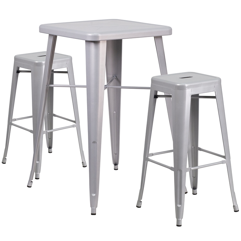 Flash Furniture 3 Piece Square Metal Pub Set in Silver