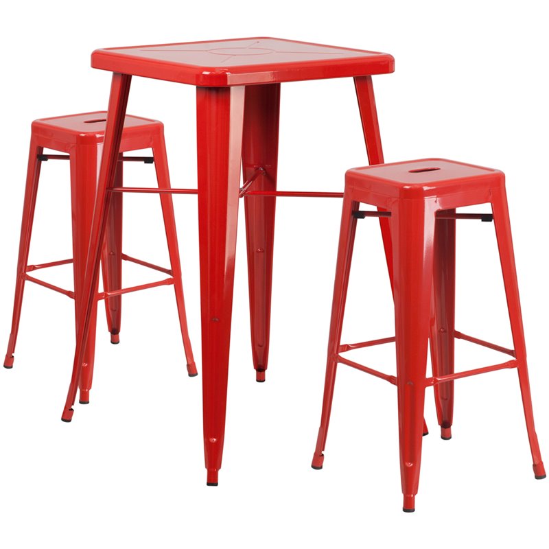 Flash Furniture 3 Piece Square Metal Pub Set in Red