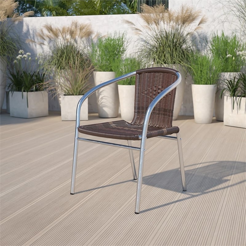 Flash Furniture Aluminum Rattan Dining Chair in Dark Brown