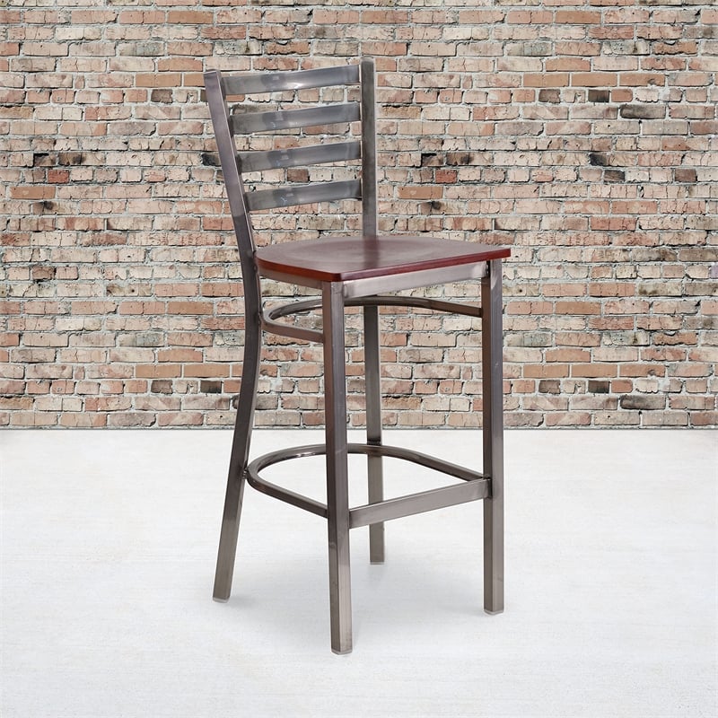 Flash Furniture Ladder Back Metal Barstool - Mahogany Wood Seat