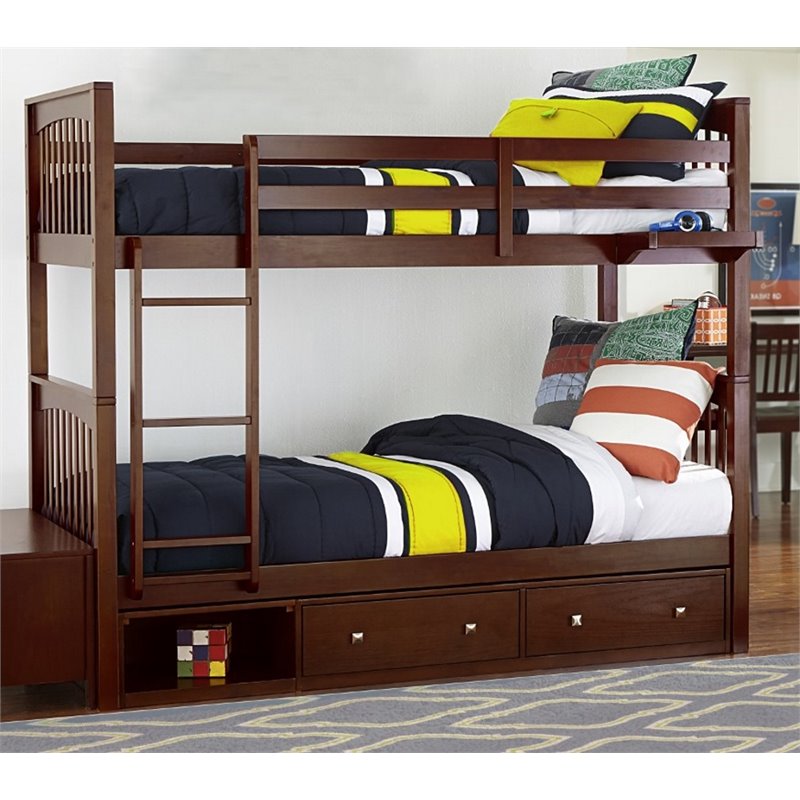 NE Kids Pulse Twin Over Twin Storage Slat Bunk Bed in Cherry