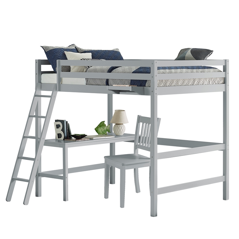 Ne Kids Caspian Wood Full Loft Bed With Chair And Hanging Nightstand In Gray 2177flch