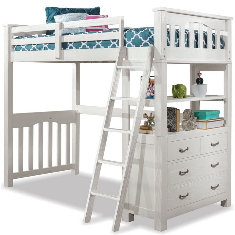 Highlands Twin Loft Bed In White, Highlands Driftwood Full Size Loft Bed And Dresser Set