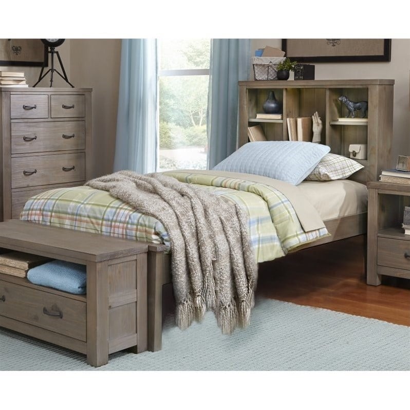 NE Kids Highlands Twin Bookcase Bed with Trundle in Driftwood - 10060NT