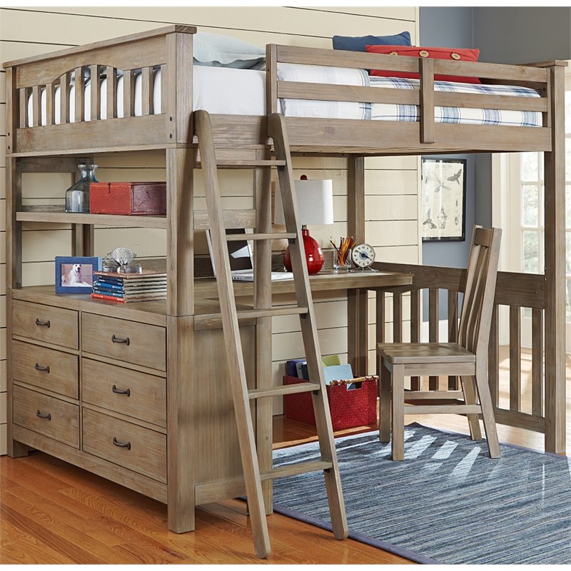 Ne Kids Highlands Full Loft Bed With Desk In Driftwood 10080nd