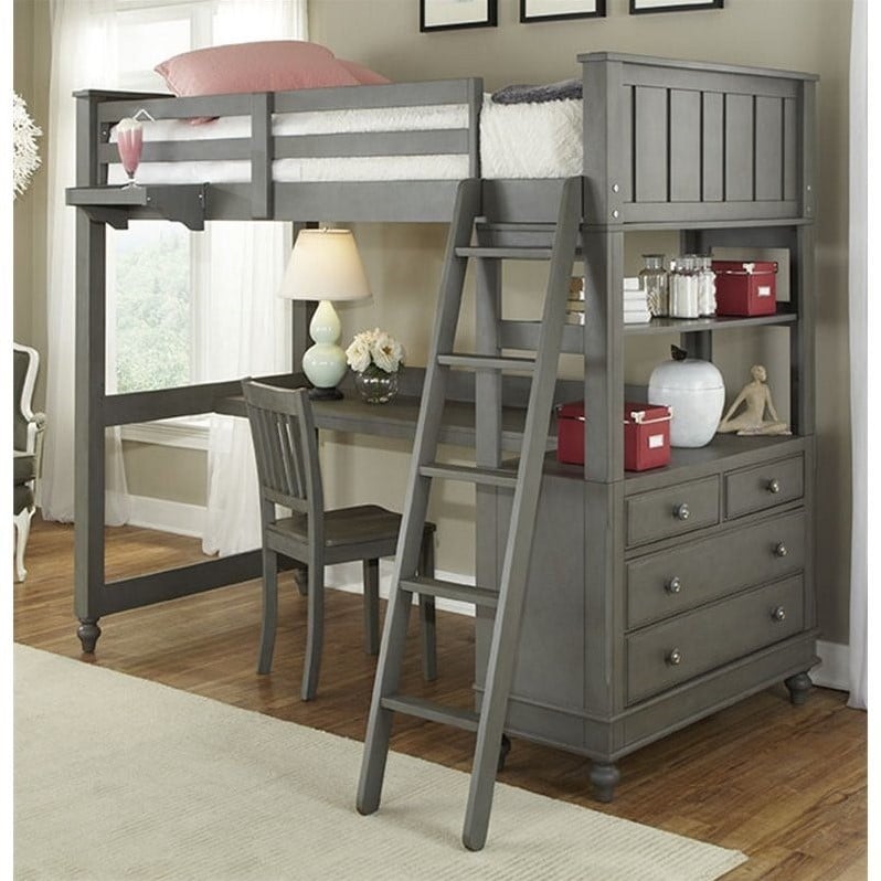 NE Kids Lake House Twin Loft Bed with Desk in Stone - 2040ND