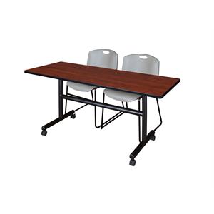 60&quot x 30&quot Flip Top Mobile Training Table- Cherry and 2 Zeng Stack Chairs- Grey