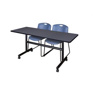60&quot x 30&quot Flip Top Mobile Training Table- Grey and 2 Zeng Stack Chairs- Blue