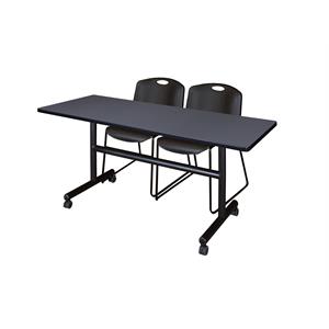 60&quot x 30&quot Flip Top Mobile Training Table- Grey and 2 Zeng Stack Chairs- Black