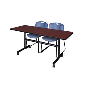 60&quot x 30&quot Flip Top Mobile Training Table-Mahogany and 2 Zeng Stack Chairs-Blue