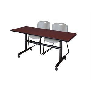 60&quot x 30&quot Flip Top Mobile Training Table-Mahogany and 2 Zeng Stack Chairs-Grey