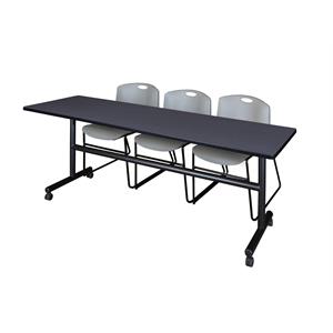 Kobe 84&quot Flip Top Mobile Training Table- Grey & 3 Zeng Stack Chairs- Grey