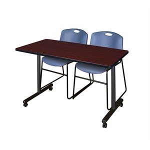 48&quot x 24&quot Kobe Mobile Training Table- Mahogany & 2 Zeng Stack Chairs- Blue