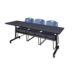 84&quot x 24&quot Flip Top Mobile Training Table w/ Divider- Grey & 3 Stack Chairs