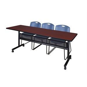 84&quot x 24&quot Flip Top Mobile Training Table w/ Divider- Mahogany & 3 Stack Chairs