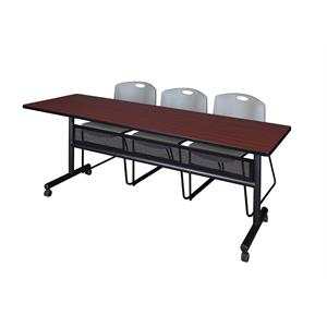 84&quot x 24&quot Flip Top Mobile Training Table w/ Divider- Mahogany & 3 Stack Chairs