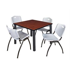 Kee 36&quot Square Breakroom Table- Cherry/ Black & 4 'M' Stack Chairs- Grey