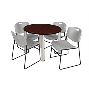 Kee 36&quot Round Breakroom Table- Mahogany/ Chrome & 4 Zeng Stack Chairs- Grey