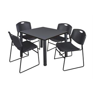 Kee 36&quot Square Breakroom Table- Grey/ Black & 4 Zeng Stack Chairs- Black