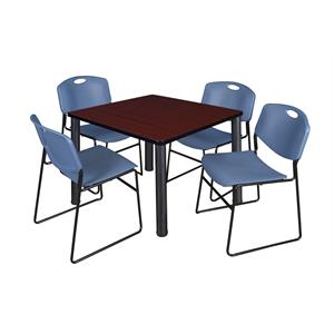 Kee 36&quot Square Breakroom Table- Mahogany/ Black & 4 Zeng Stack Chairs- Blue
