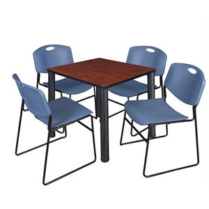 Kee 30&quot Square Breakroom Table- Cherry/ Black & 4 Zeng Stack Chairs- Blue