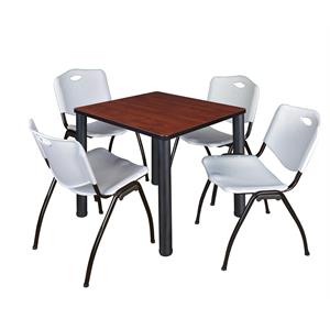 Kee 30&quot Square Breakroom Table- Cherry/ Black & 4 'M' Stack Chairs- Grey