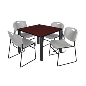 Kee 36&quot Square Breakroom Table- Mahogany/ Black & 4 Zeng Stack Chairs- Grey