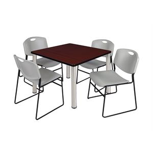 Kee 36&quot Square Breakroom Table- Mahogany/ Chrome & 4 Zeng Stack Chairs- Grey
