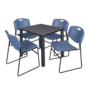 Kee 30&quot Square Breakroom Table- Grey/ Black & 4 Zeng Stack Chairs- Blue