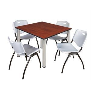 Kee 48&quot Square Breakroom Table- Cherry/ Chrome & 4 'M' Stack Chairs- Grey