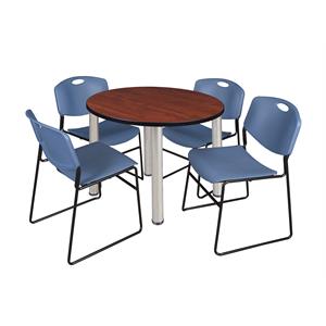 Kee 42&quot Round Breakroom Table- Cherry/ Chrome & 4 Zeng Stack Chairs- Blue